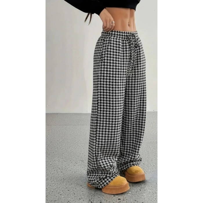 Kadın Yüksek Bel Lastikli Bağcıklı Geniş Kesim Kazayağı Dalgıç Pantolon