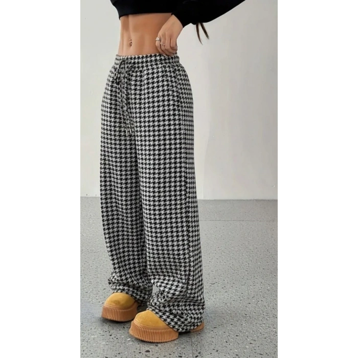 Kadın Yüksek Bel Lastikli Bağcıklı Geniş Kesim Kazayağı Dalgıç Pantolon