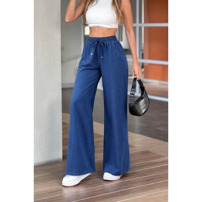 Kadın Yüksek Bel Lastikli Bağcıklı Kot Pantolon