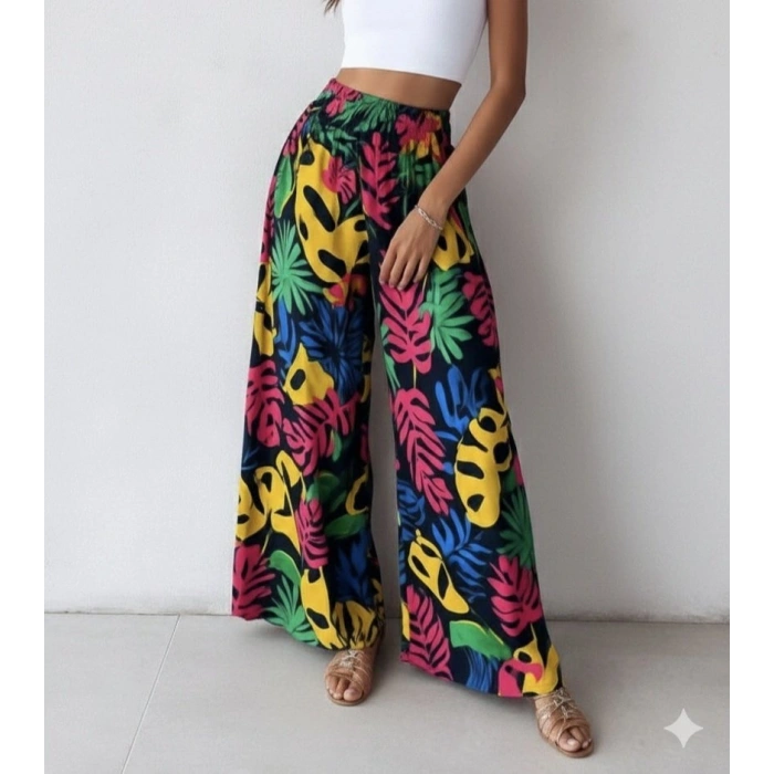 Kadın Yüksek Bel Lastikli Desenli Süprem Pantolon