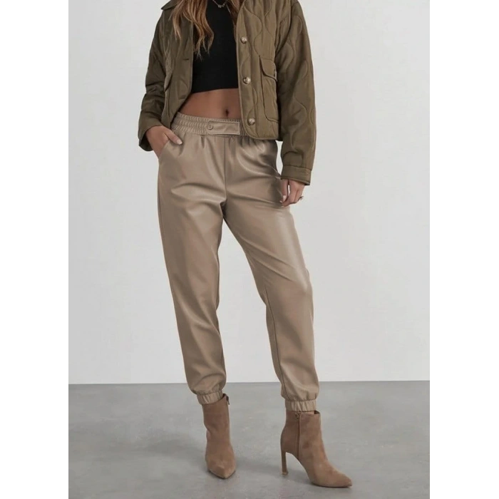 Kadın Yüksek Bel Lastikli önü Düğmeli Deri Pantolon