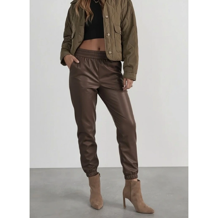 Kadın Yüksek Bel Lastikli önü Düğmeli Deri Pantolon