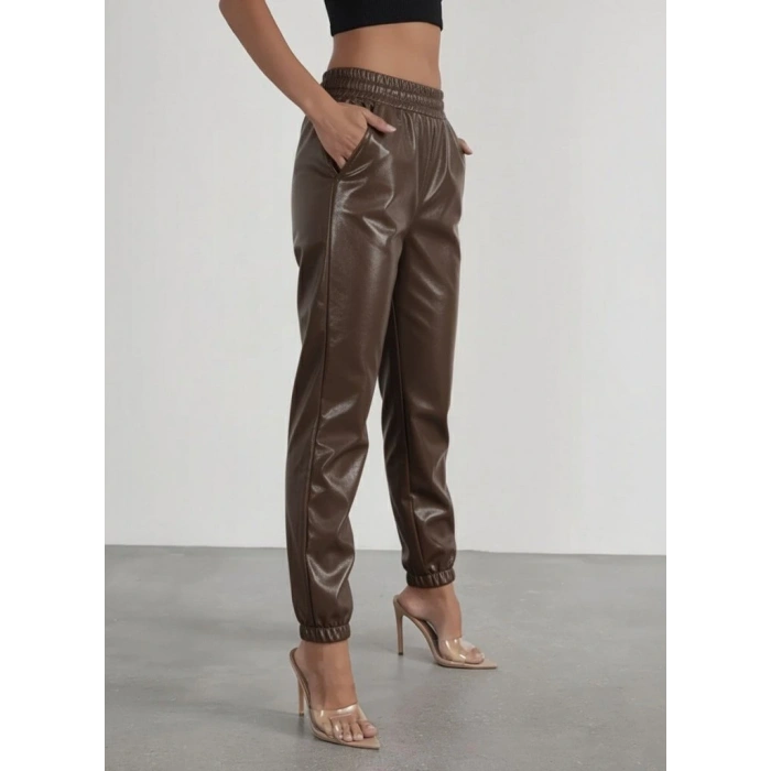 Kadın Yüksek Bel Lastikli önü Düğmeli Deri Pantolon