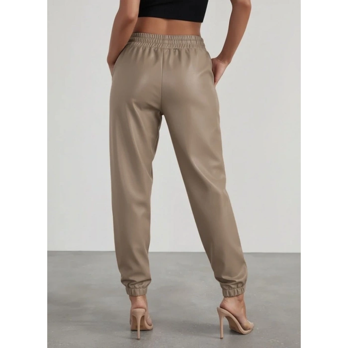 Kadın Yüksek Bel Lastikli önü Düğmeli Deri Pantolon