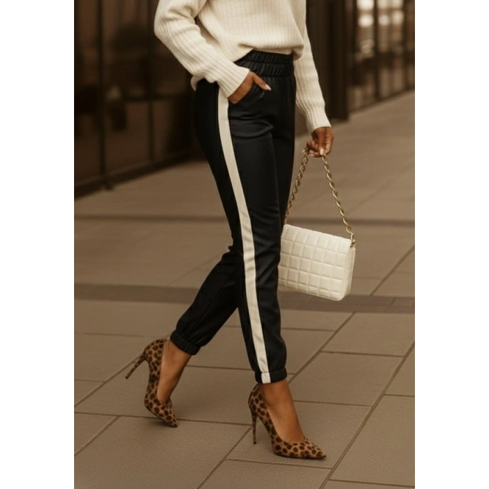 Kadın Yüksek Bel Lastikli Yan şerit Detaylı Deri Pantolon
