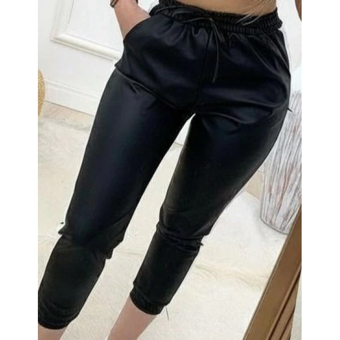 Kadın Yüksek Bel Lastikli Yan şerit Detaylı Deri Pantolon