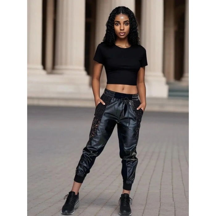 Kadın Yüksek Bel Lastikli Yanda Dantel Detaylı Bağcıklı Deri Pantolon