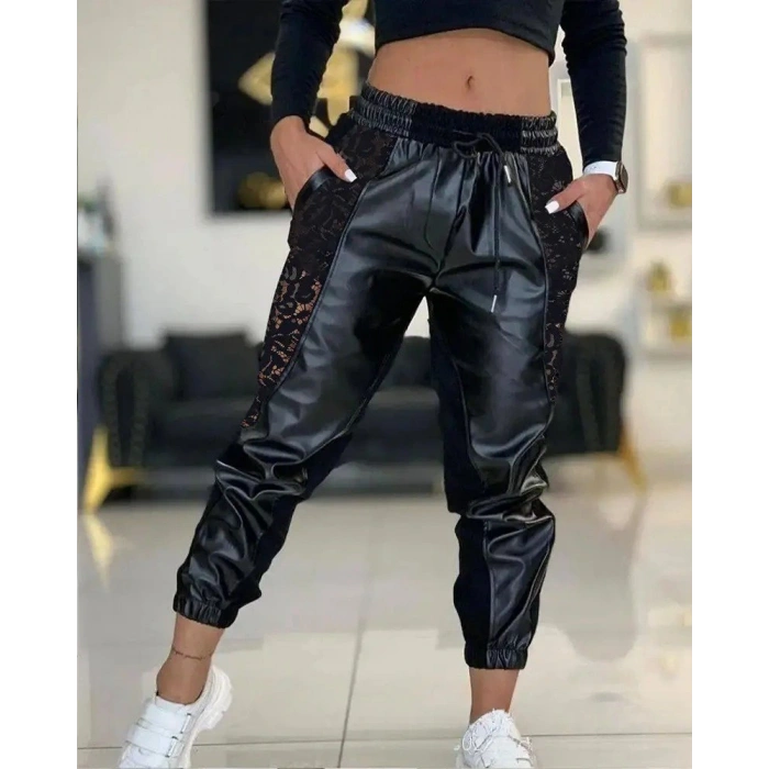 Kadın Yüksek Bel Lastikli Yanda Dantel Detaylı Bağcıklı Deri Pantolon