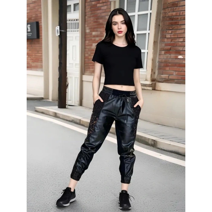 Kadın Yüksek Bel Lastikli Yanda Dantel Detaylı Bağcıklı Deri Pantolon