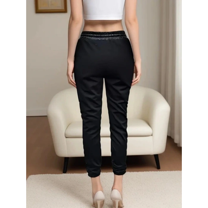 Kadın Yüksek Bel Lastikli Yanda Dantel Detaylı Bağcıklı Deri Pantolon