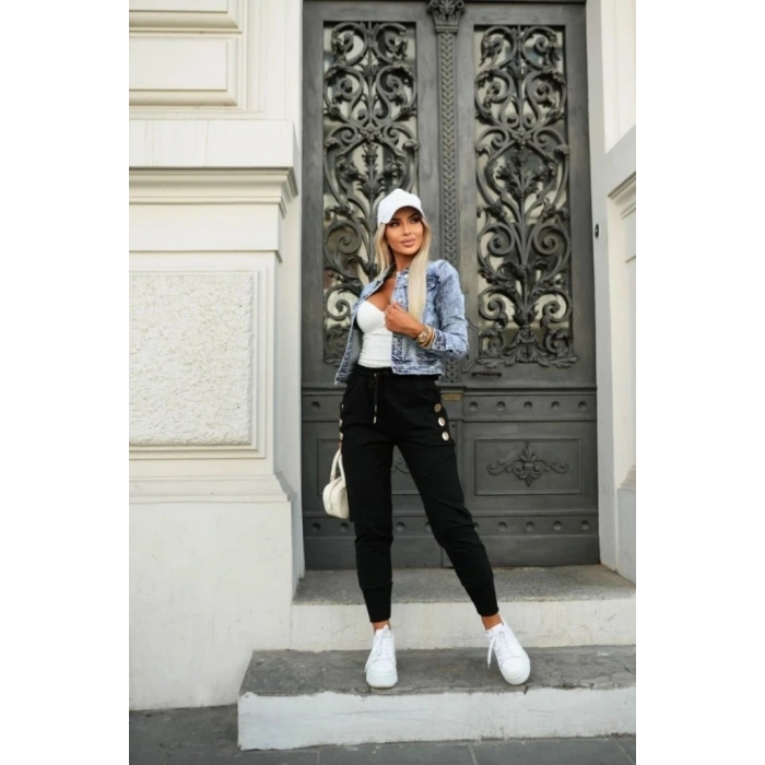 Kadın Yüksek Bel Lastikli Yanlardan Düğmeli Viskon Iki Iplik Pantolon