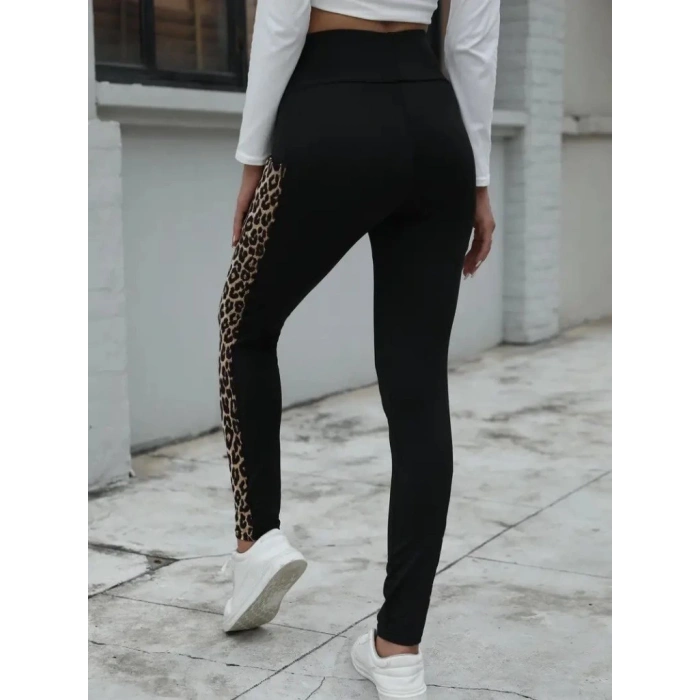 Kadın Yüksek Bel Leopar Desen Ve Cep Detaylı Dalgıç Tayt
