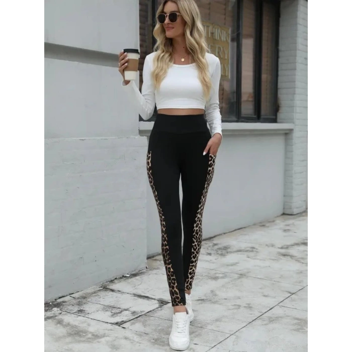 Kadın Yüksek Bel Leopar Desen Ve Cep Detaylı Dalgıç Tayt