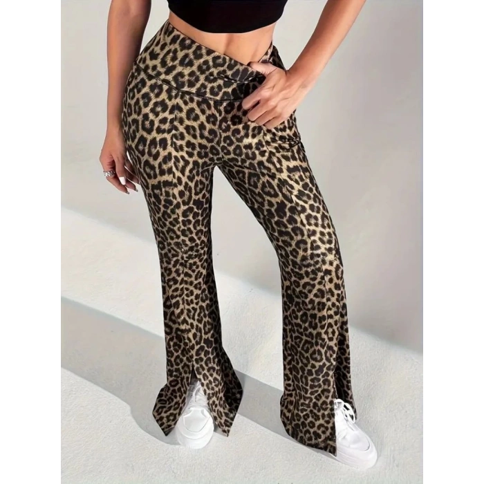 Kadın Yüksek Bel Leopar Desenli Yırtmaçlı Dalgıç Tayt