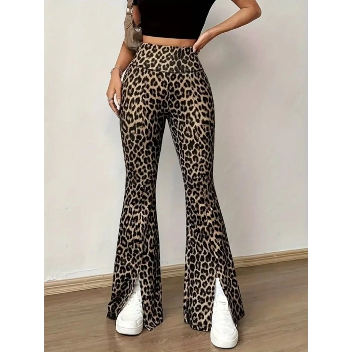 Kadın Yüksek Bel Leopar Desenli Yırtmaçlı Dalgıç Tayt