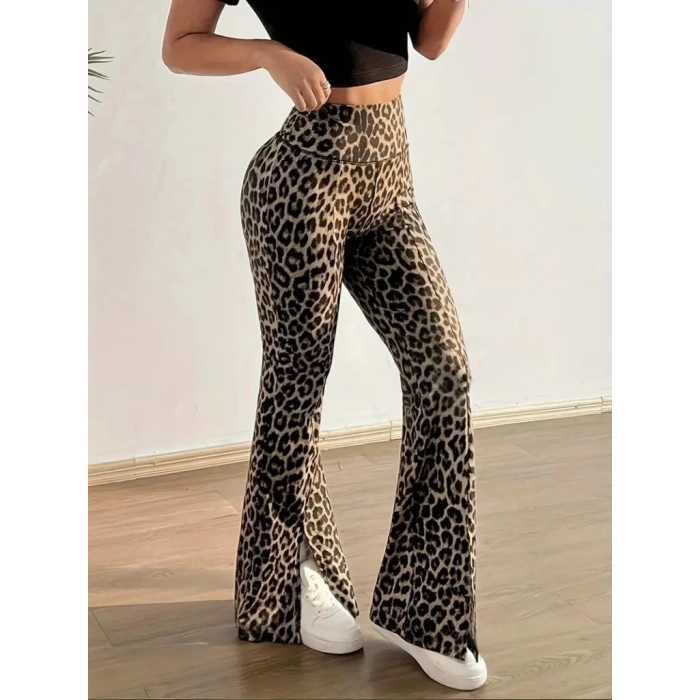 Kadın Yüksek Bel Leopar Desenli Yırtmaçlı Dalgıç Tayt