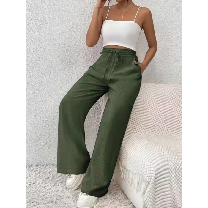 Kadın Yüksek Bel önden Bağlamalı Geniş Kesim Detaylı Uzun Pantolon