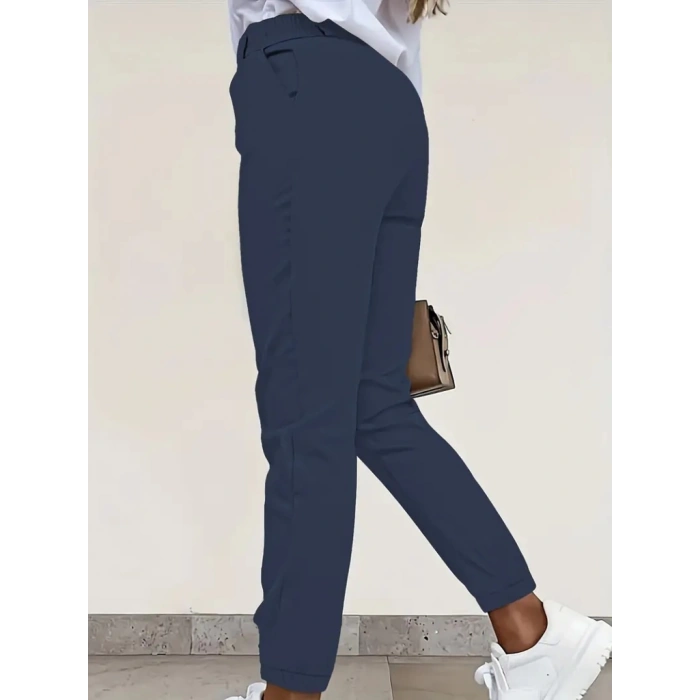 Kadın Yüksek Bel önden Düğmeli Cepli Bilek Lastik Detay Atlas Pantolon
