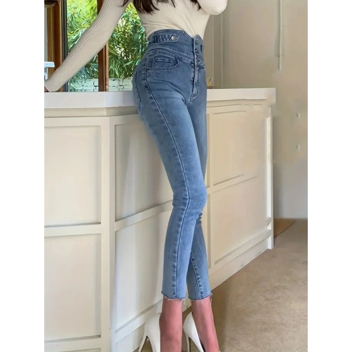 Kadın Yüksek Bel önden Düğmeli Cepli Dar Kesim Detaylı Kot Pantolon