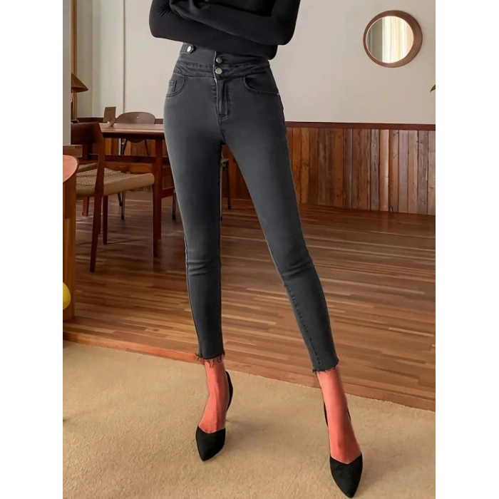 Kadın Yüksek Bel önden Düğmeli Cepli Dar Kesim Detaylı Kot Pantolon