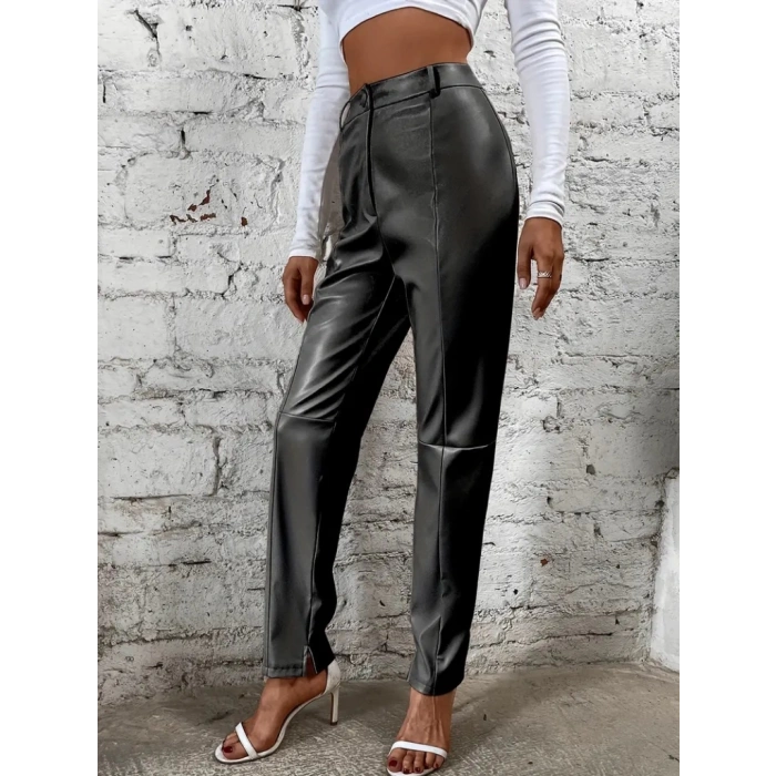 Kadın Yüksek Bel önden Düğmeli Deri Pantolon