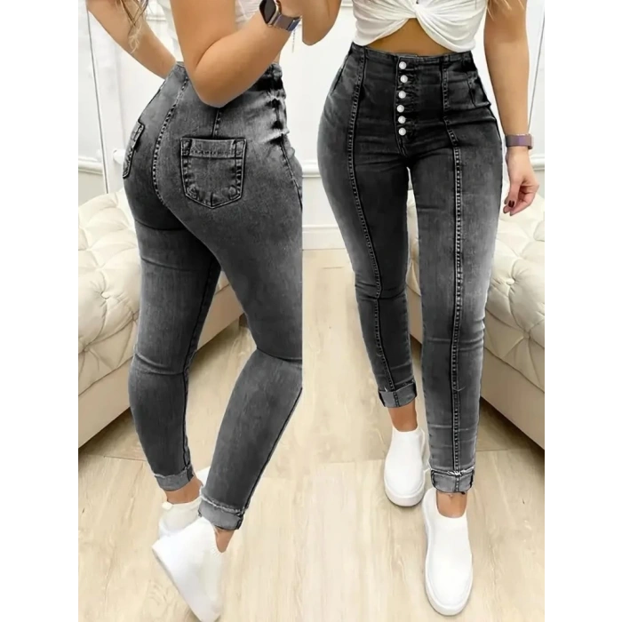 Kadın Yüksek Bel önden Düğmeli Jean Pantolon