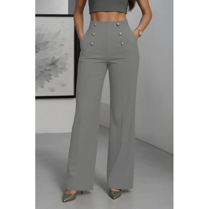 Kadın Yüksek Bel önden Düğmeli Uzun Paçaya Doğru Geniş Ithal Krep Pantolon