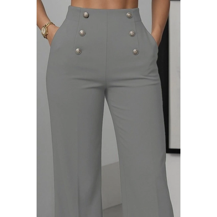 Kadın Yüksek Bel önden Düğmeli Uzun Paçaya Doğru Geniş Ithal Krep Pantolon