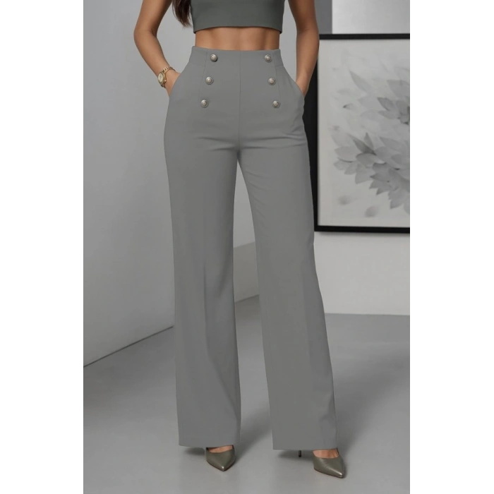 Kadın Yüksek Bel önden Düğmeli Uzun Paçaya Doğru Geniş Ithal Krep Pantolon