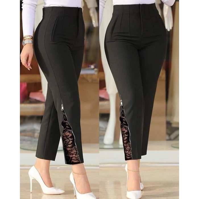 Kadın Yüksek Bel önden Nervürlü Ve Fermuarlı Yandan Dantelli Ithal Krep Pantolon