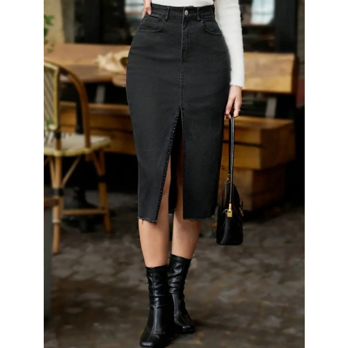 Kadın Yüksek Bel önden Yırtmaçlı Cepli Midi Kot Etek