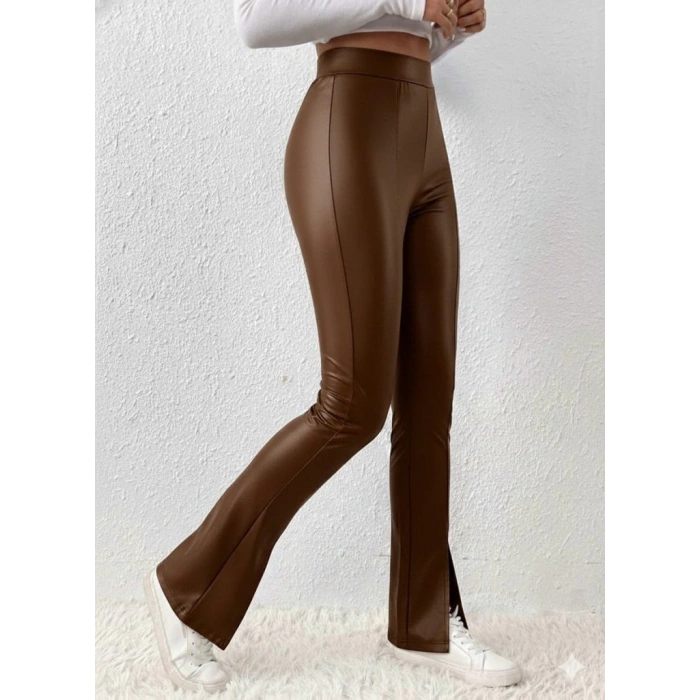 Kadın Yüksek Bel önden Yırtmaçlı Deri Tayt