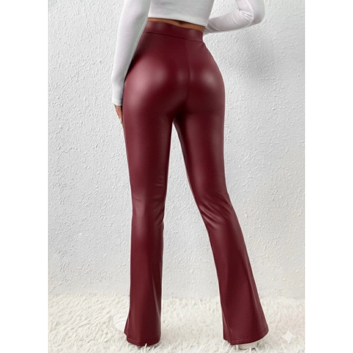 Kadın Yüksek Bel önden Yırtmaçlı Deri Tayt