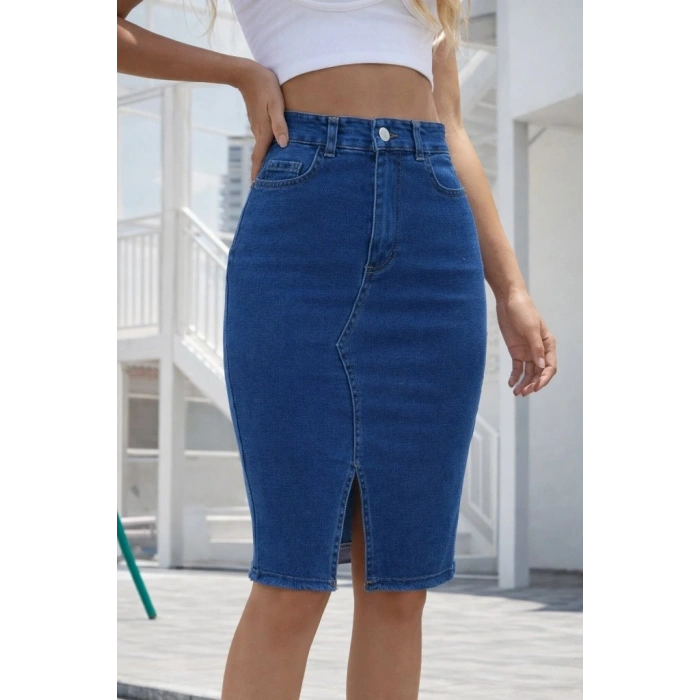 Kadın Yüksek Bel önden Yırtmaçlı Kısa Kot Etek