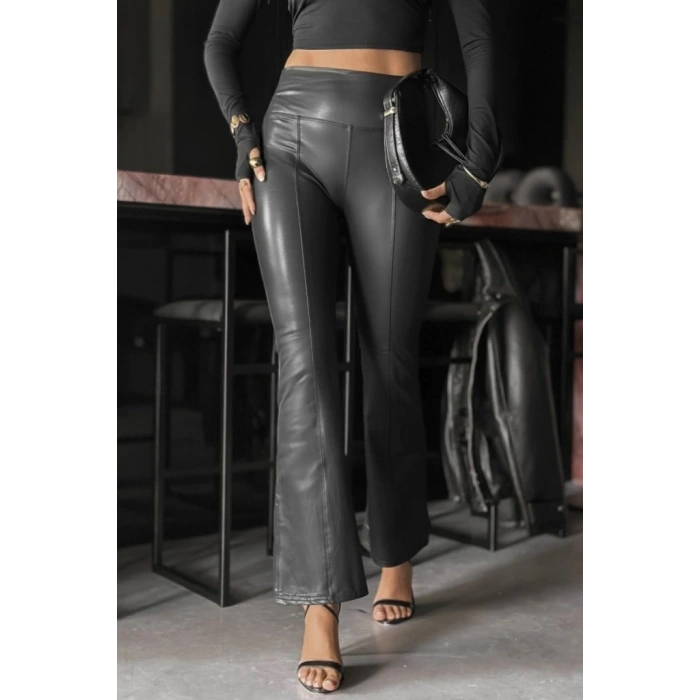 Kadın Yüksek Bel Paçaya Doğru Geniş Deri Pantolon