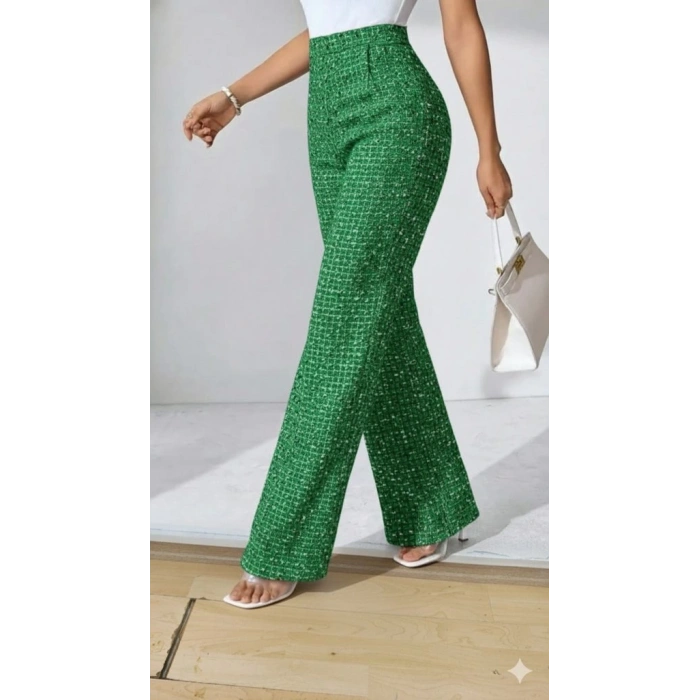 Kadın Yüksek Bel Paçaya Doğru Geniş Dokuma Pantolon