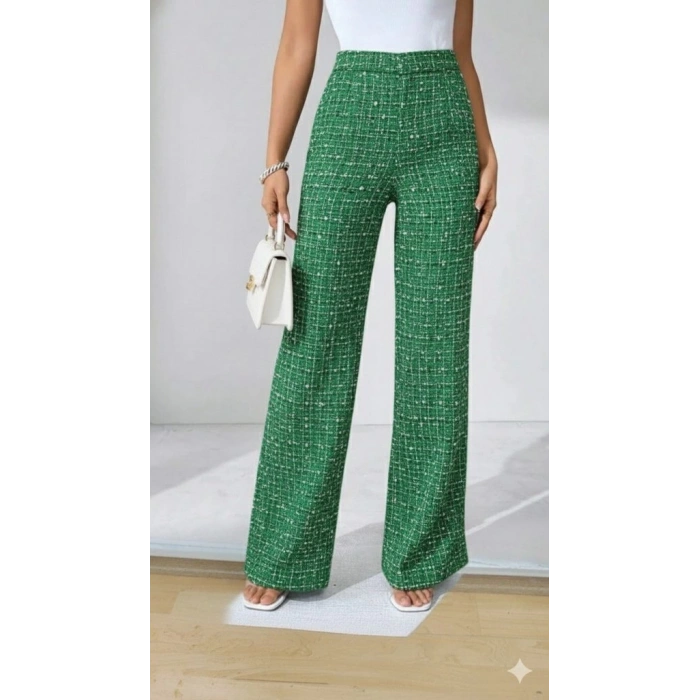 Kadın Yüksek Bel Paçaya Doğru Geniş Dokuma Pantolon