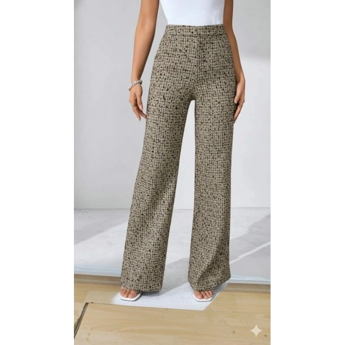 Kadın Yüksek Bel Paçaya Doğru Geniş Dokuma Pantolon