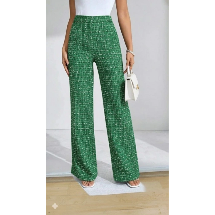 Kadın Yüksek Bel Paçaya Doğru Geniş Dokuma Pantolon