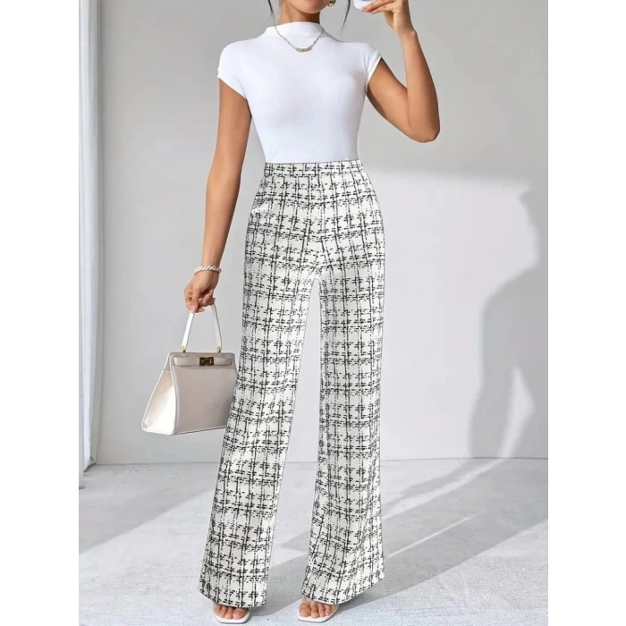 Kadın Yüksek Bel Paçaya Doğru Geniş Dokuma Pantolon