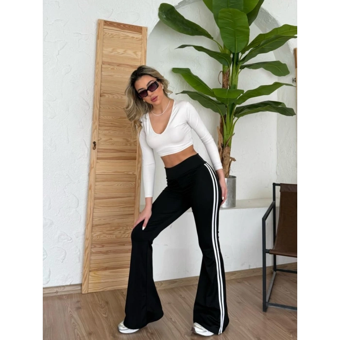 Kadın Yüksek Bel şerit Detaylı Ispanyol Paçalı Dalgıç Pantolon