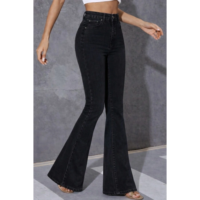 Kadın Yüksek Bel Tek Düğmeli Paçaya Doğru Genişleyen Kot Pantolon