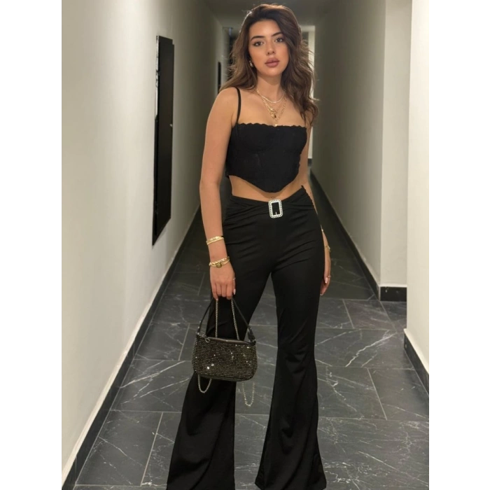 Kadın Yüksek Bel Tokalı Ispanyol Paçalı Dalgıç Pantolon