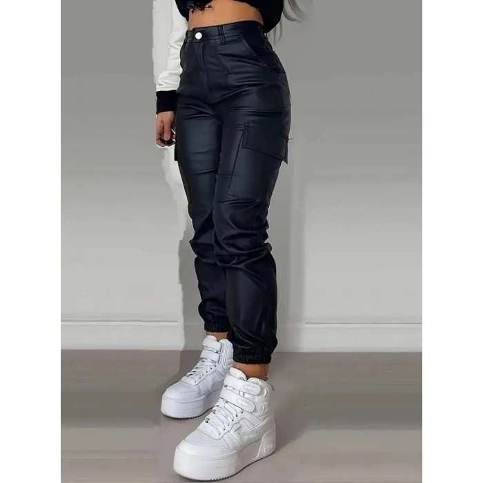 Kadın Yüksek Bel Yan Kargo Cep Detaylı Deri Pantolon