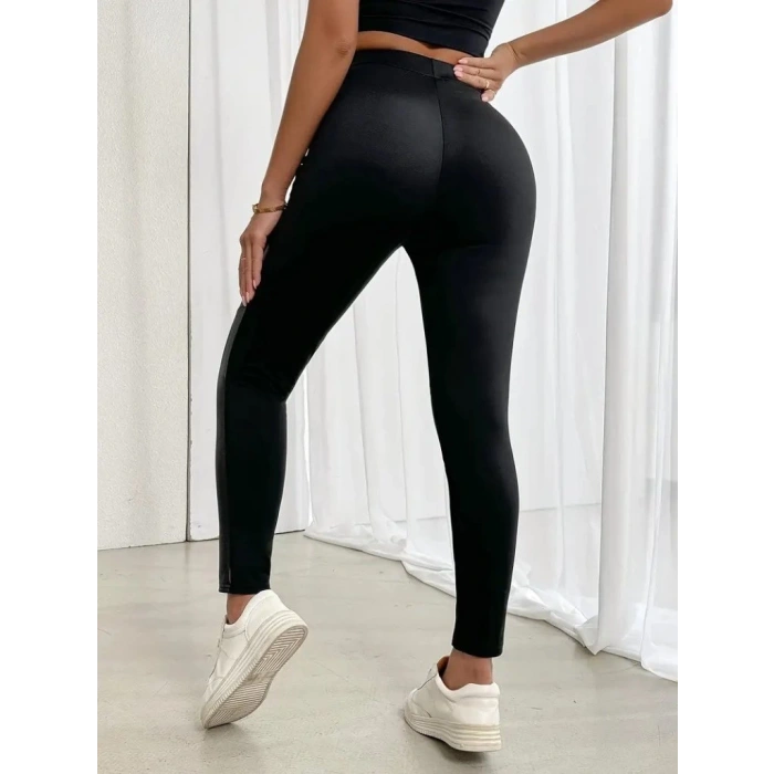 Kadın Yüksek Bel Yan şerit Deri Detay Fermuarlı Dalgıç Tayt