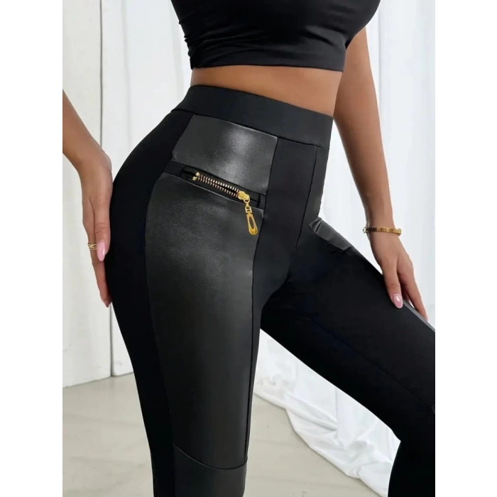 Kadın Yüksek Bel Yan şerit Deri Detay Fermuarlı Dalgıç Tayt