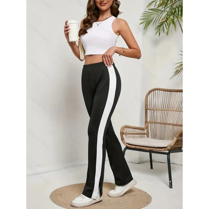 Kadın Yüksek Bel Yan şerit Detaylı Yırtmaçlı Viskon Iki Iplik Pantolon