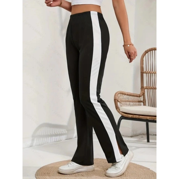 Kadın Yüksek Bel Yan şerit Detaylı Yırtmaçlı Viskon Iki Iplik Pantolon