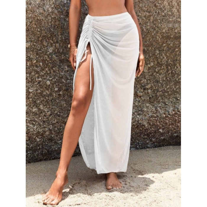 Kadın Yüksek Bel Yandan Büzgülü Uzun Tül Detaylı Pareo