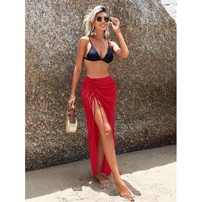 Kadın Yüksek Bel Yandan Büzgülü Uzun Tül Detaylı Pareo